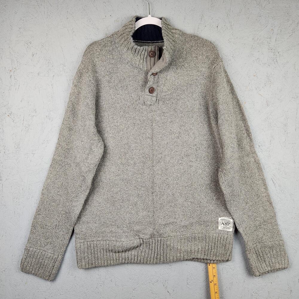 Aeropostale Sweater Mens XL Gray Mock Neck Henley Pullover A87 Logo Knit Heavy